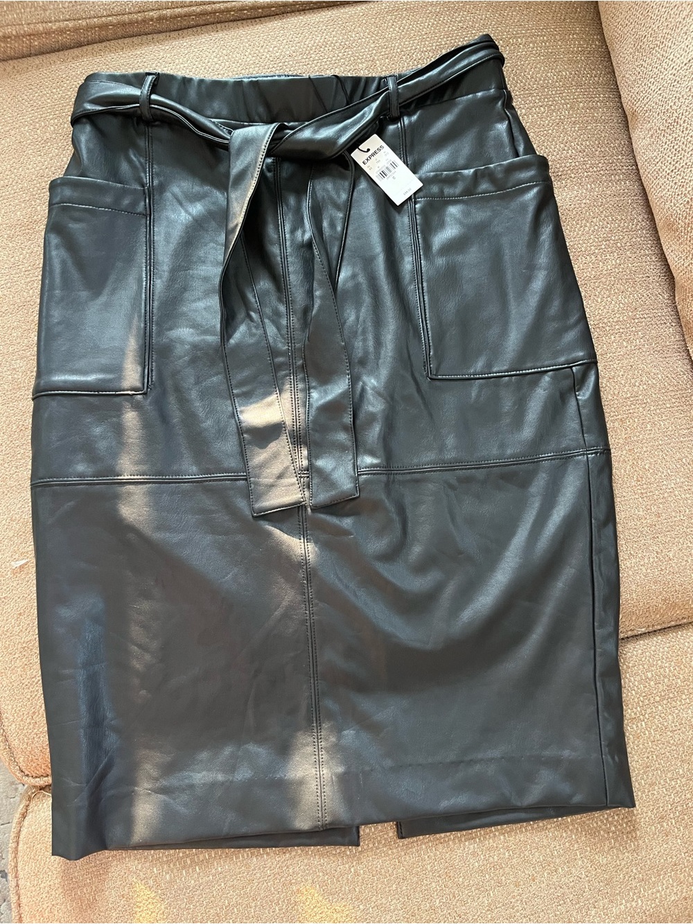 Express Black Faux Leather Pencil Skirt with Tie Waist